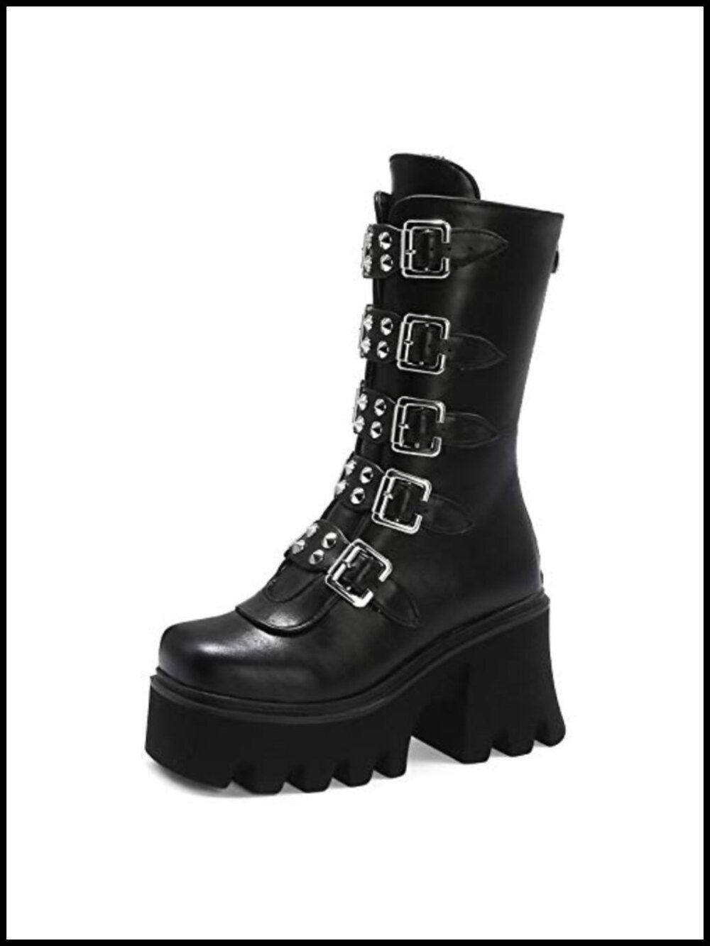 Platform Goth Mid Calf Combat Boots Studded Buckle Chunky Block Heel